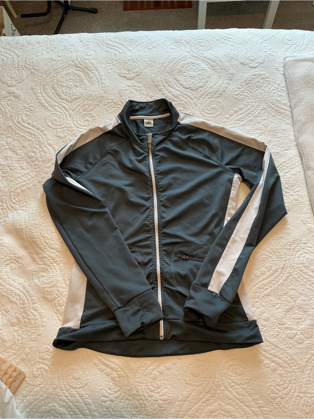 ALO Yoga grey Athletic Zip Jacket with White Stripe Accents